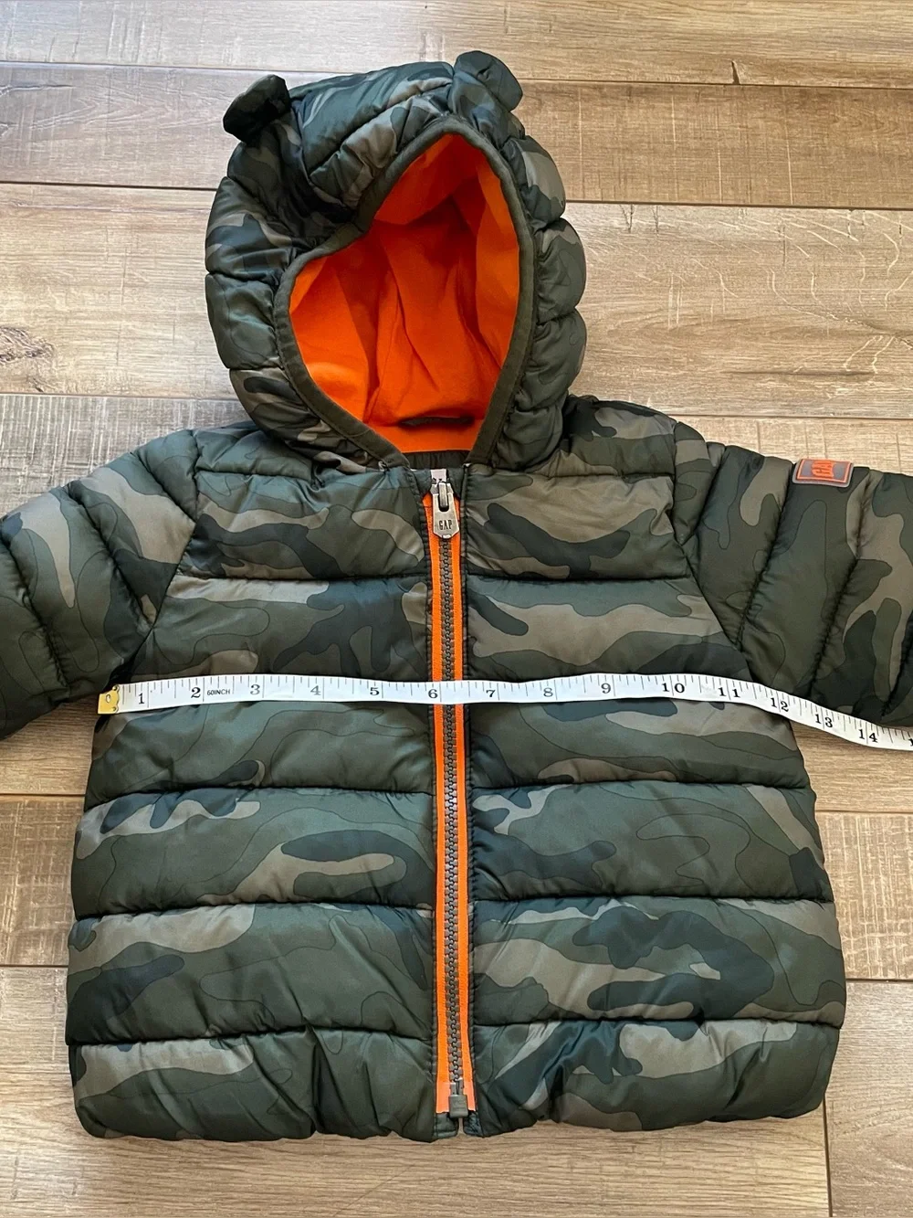 Baby Gap Boys 12-18M Camo Puffer Jacket Hood Bear Ears Orange Lined Coat